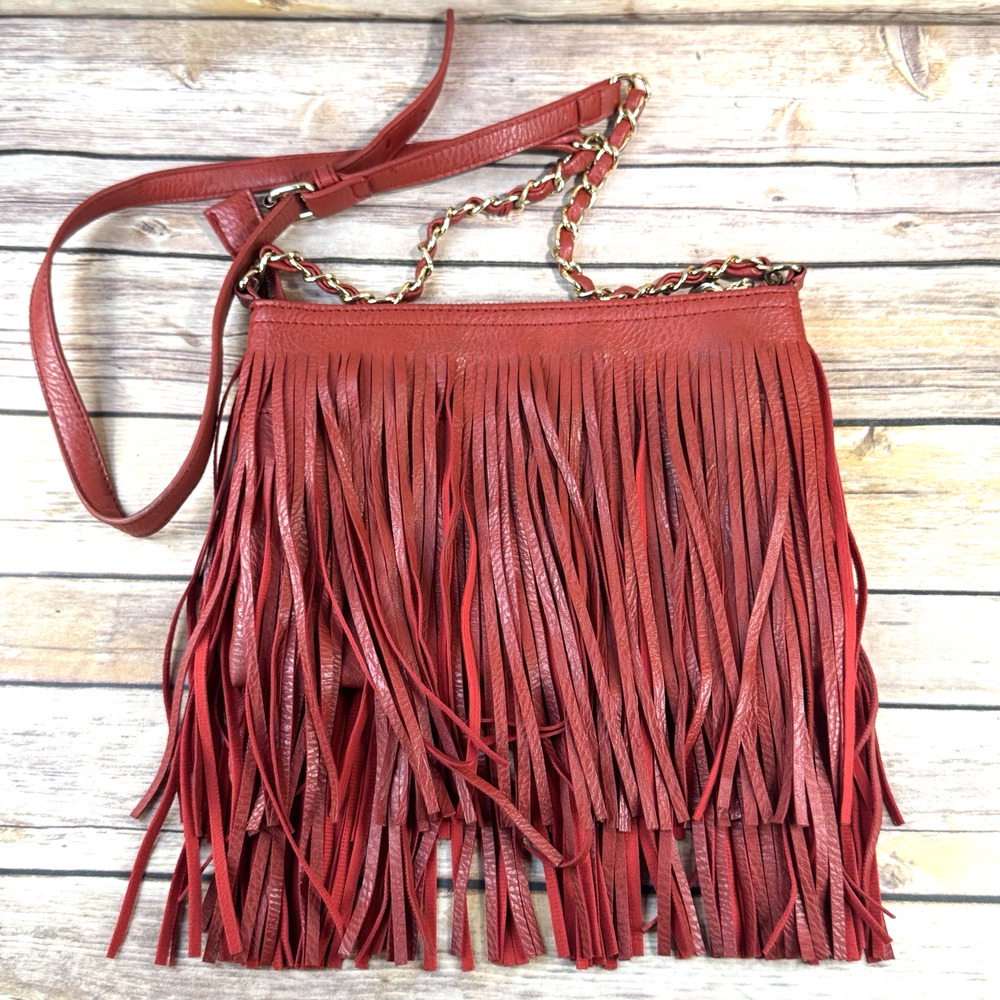 Womens Red Faux Leather Bohemian Fringed Crossbody Purse Bag